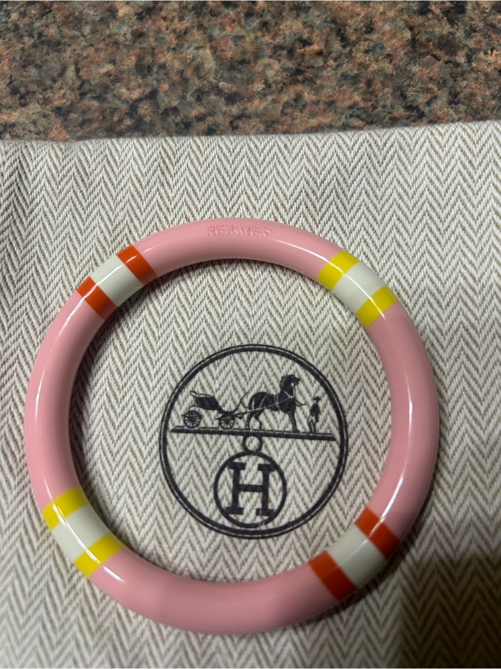 Hermès Pink Lacquered Bangle with Yellow and Orange Stripes (T1) - Picture 2 of 5